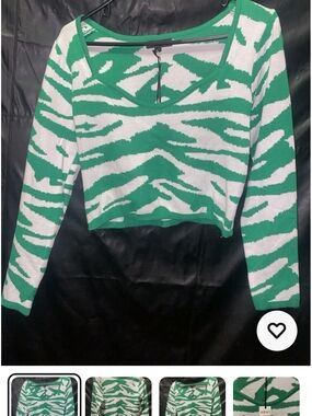 Green and White Zebra-Print Scoop Neck Cropped Sweater